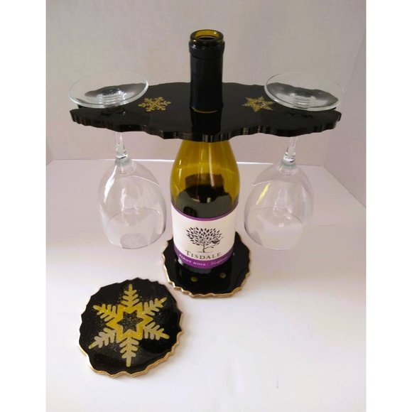 Geode Shaped Wine Glass Holder and 2 Coasters Black with Gold Snowflakes - Picture 2 of 6